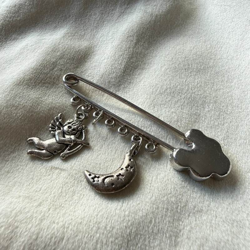 silver charm safety pin brooch oversized safety pin moon charm heart charm