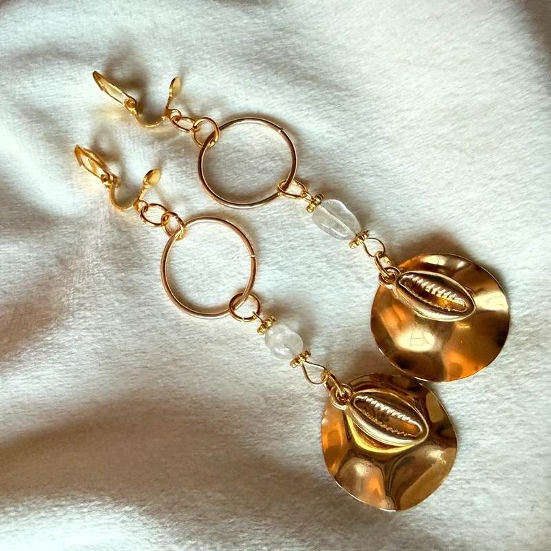 Gold Cowrie Shell Disc Drop Clip-On Earrings Clear Bead Statement Summer Earrings Boho Earrings