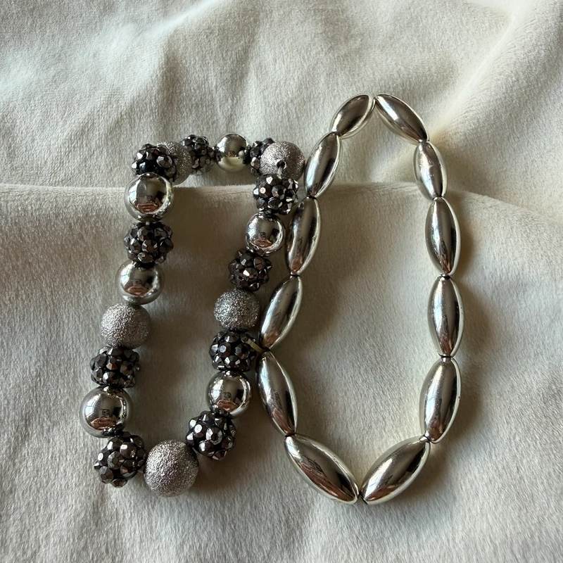 set of 2 silver bracelets simple silver tone bracelet duo minimalist stacking bracelets