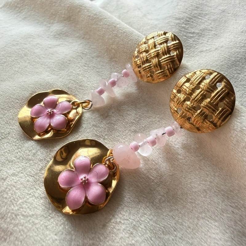 Gold Hammered Disc & Pink Floral Drop Earrings