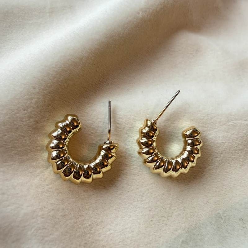 small ribbed huggie hoop earrings lightweight gold tone hoops