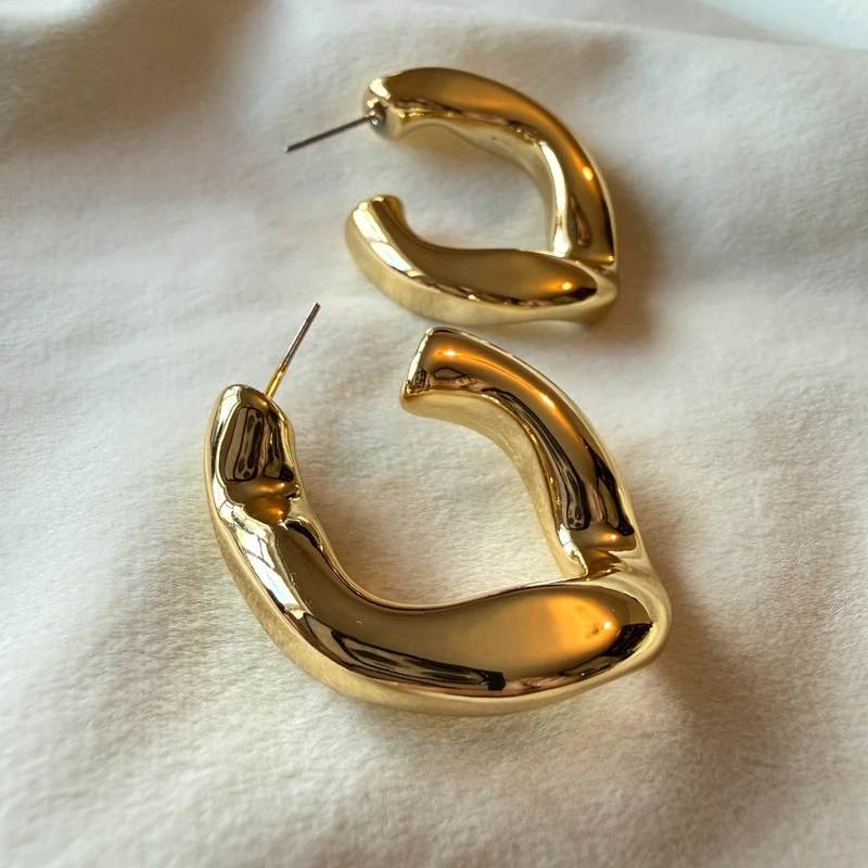 Gold Tone Chunky Hoop Earrings Organic Sculptural Design