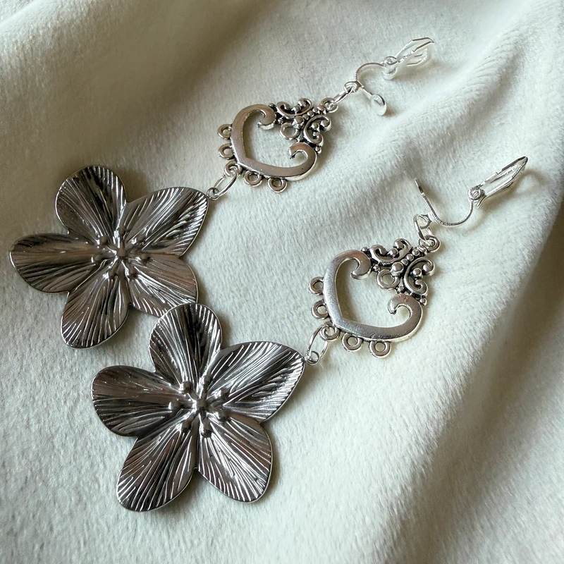 Silver Blossom Clip-On Drop Earrings Heart Detail Statement Earrings Vintage Boho