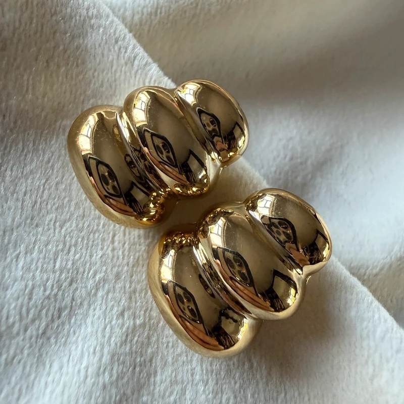 Gold Tone Ribbed Drop Earrings High Polish Chunky Design