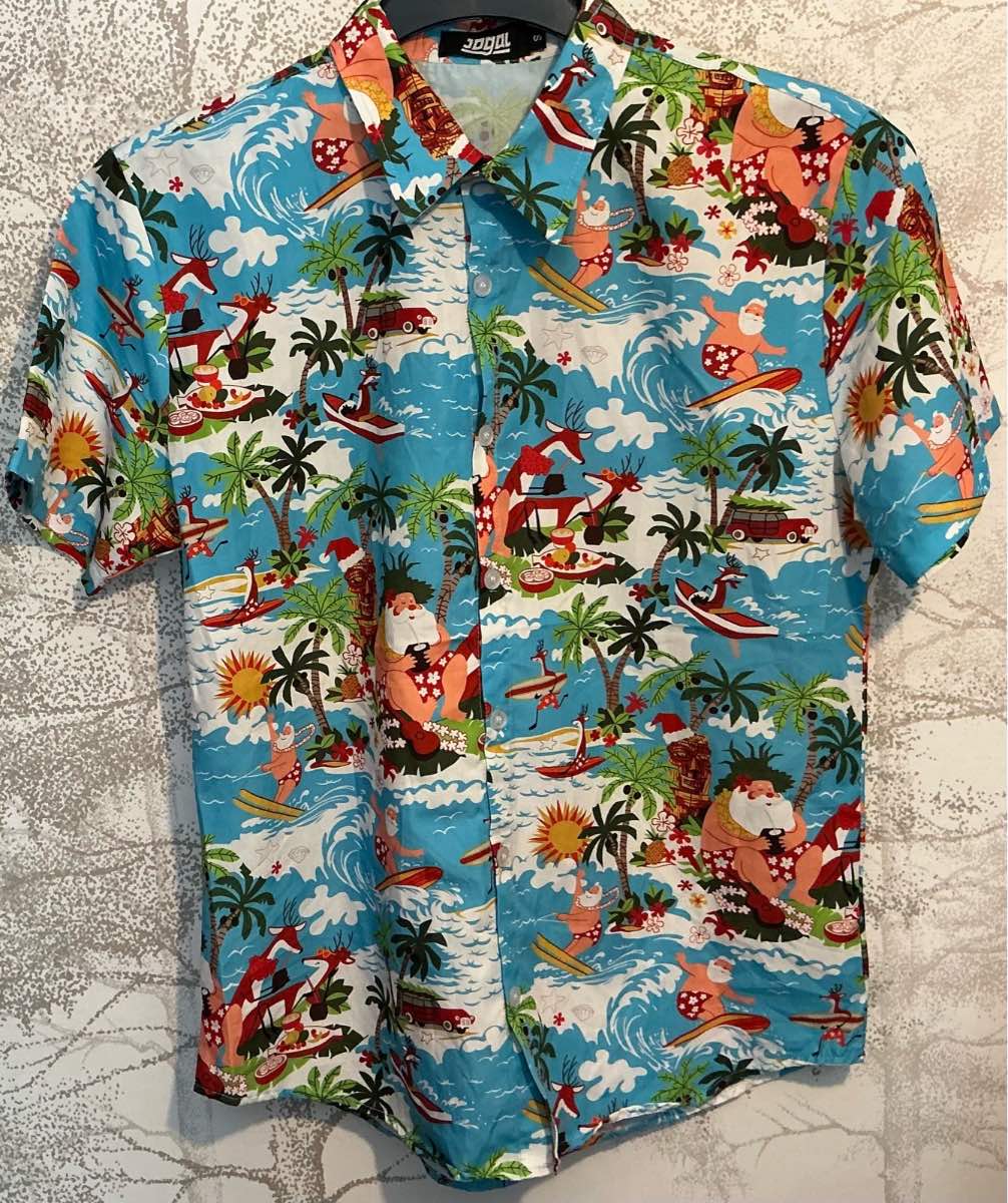 Jogal Christmas Hawaiian Shirt Surfing Santa Reindeer Beach Print Blue Small