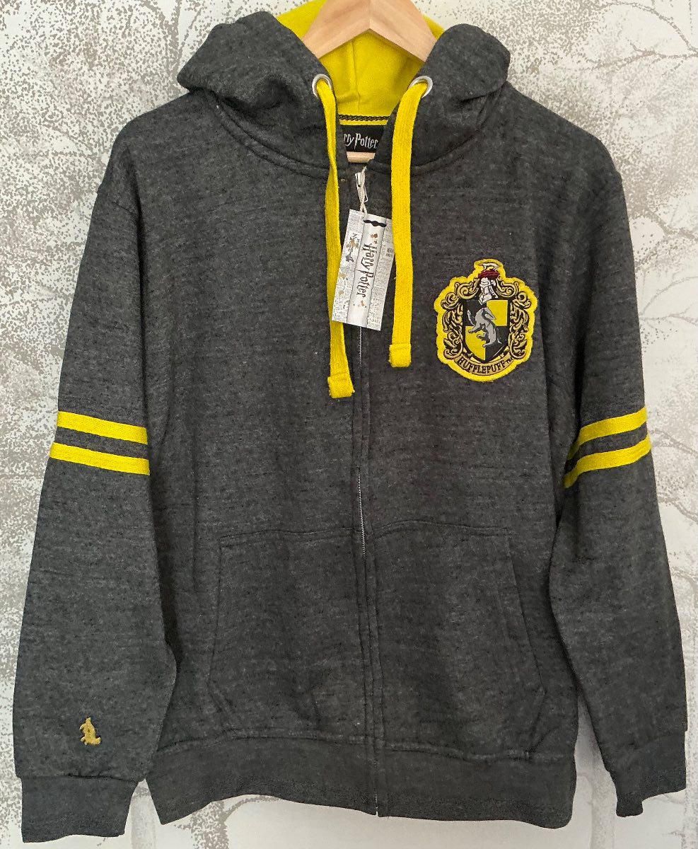 HARRY POTTER Hufflepuff Hoodie Mens XL Charcoal Grey Yellow Zip Up Jacket BNWT