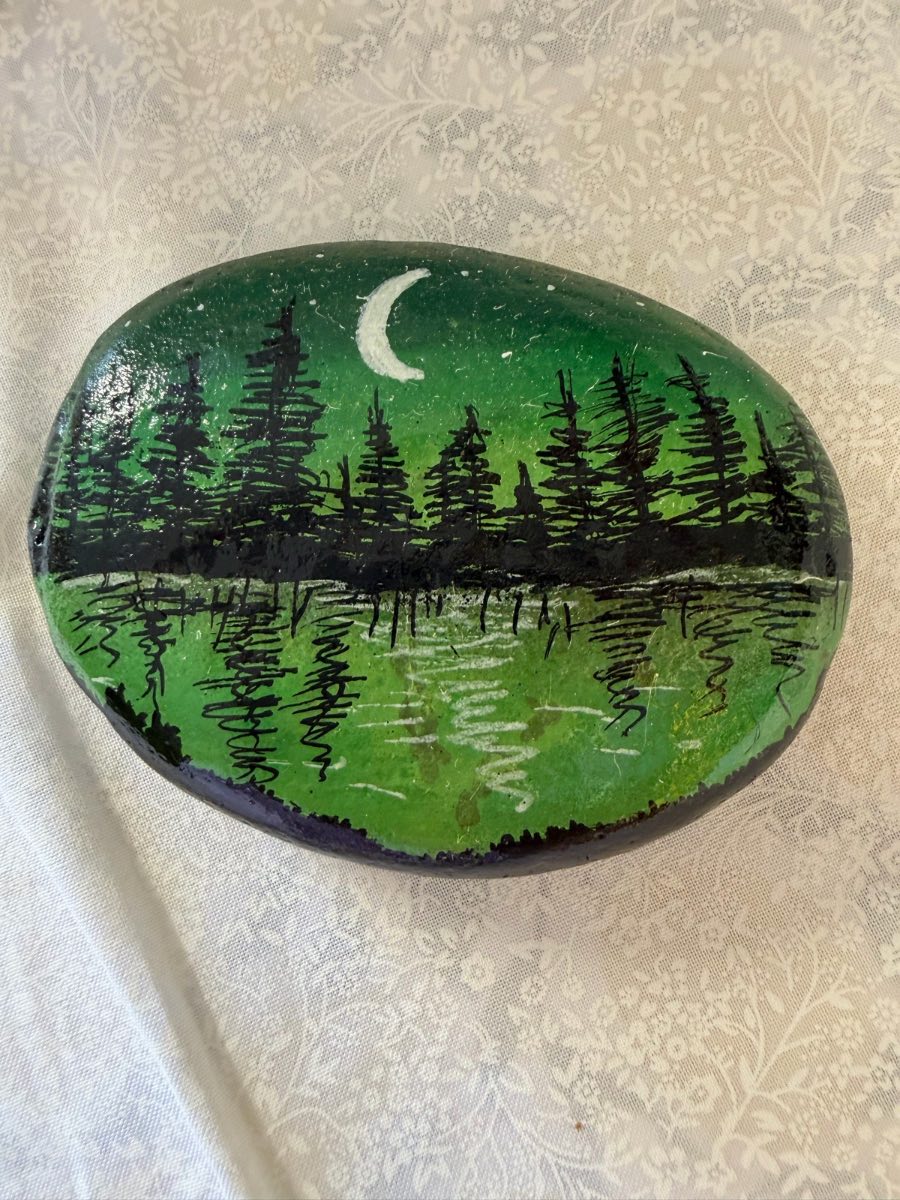 Hand Painted Pebble Rock Art Green Night Sky Decorative Collectible Gift