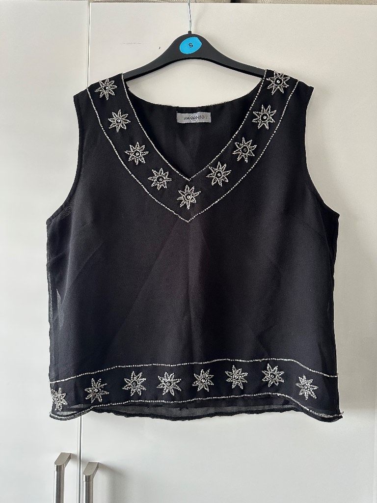 Amaranto Black Beaded Chiffon Vest Top Size 14