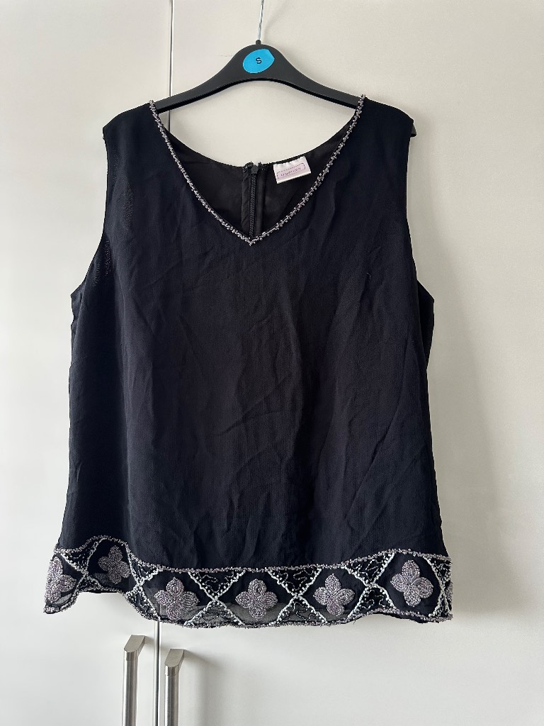 Vintage Agenda Black Sleeveless Top with Iridescent Purple Beading Size 12