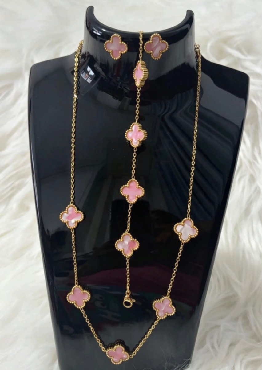 Gold Plated Non Tarnish Set of 3 Jewellery- Pink and white Colour