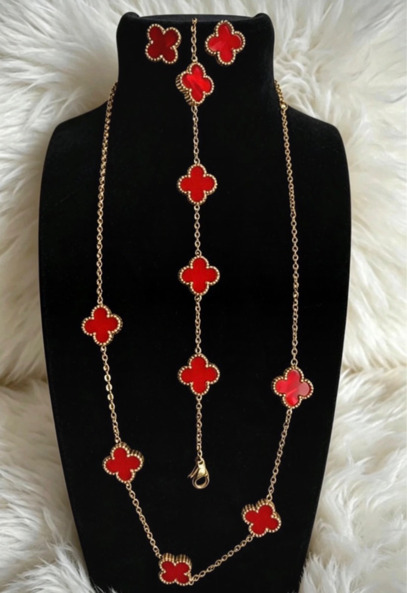 Gold Plated Non Tarnish Set of 3 Jewellery- Bright Red
