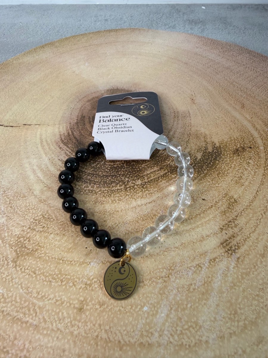 YIN YANG BEADED BRACELET OBSIDIAN & CLEAR QUARTZ SPIRITUAL BALANCE CHRISTMAS GIFT