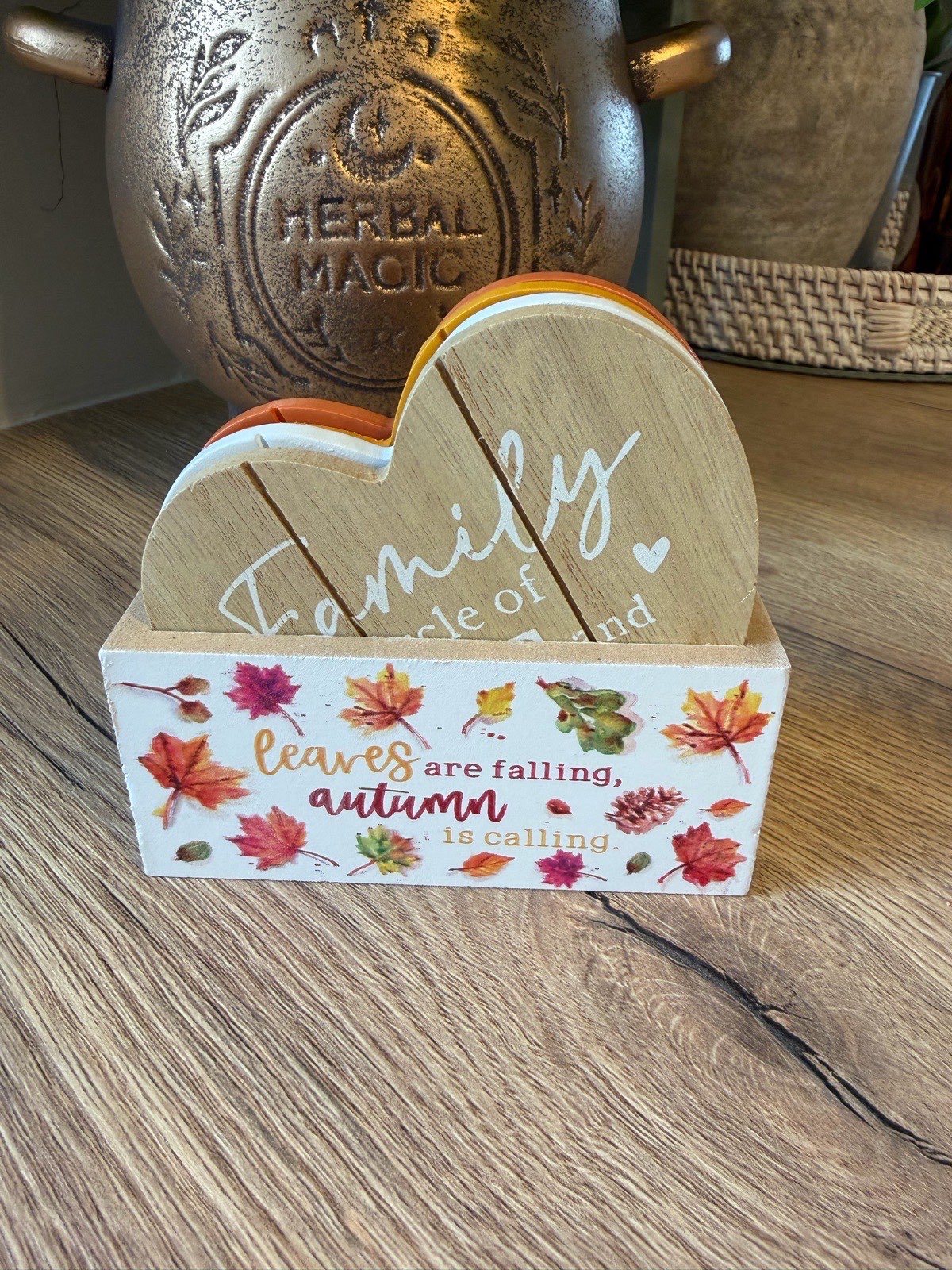 Autumn Vibes Set Of 4 Heart Shaped Coasters & Holder Autumnal Decor