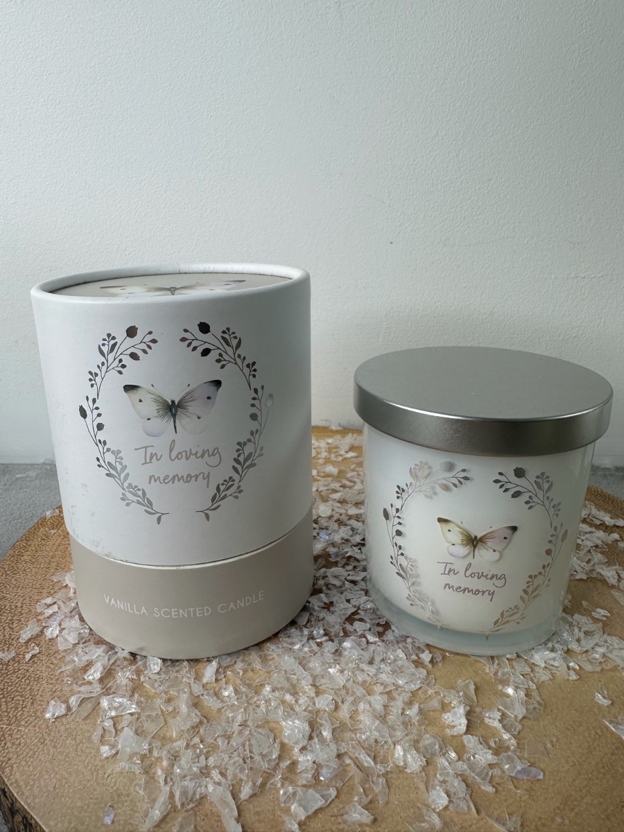 IN LOVING MEMORY WHITE BUTTERFLY VANILLA CANDLE