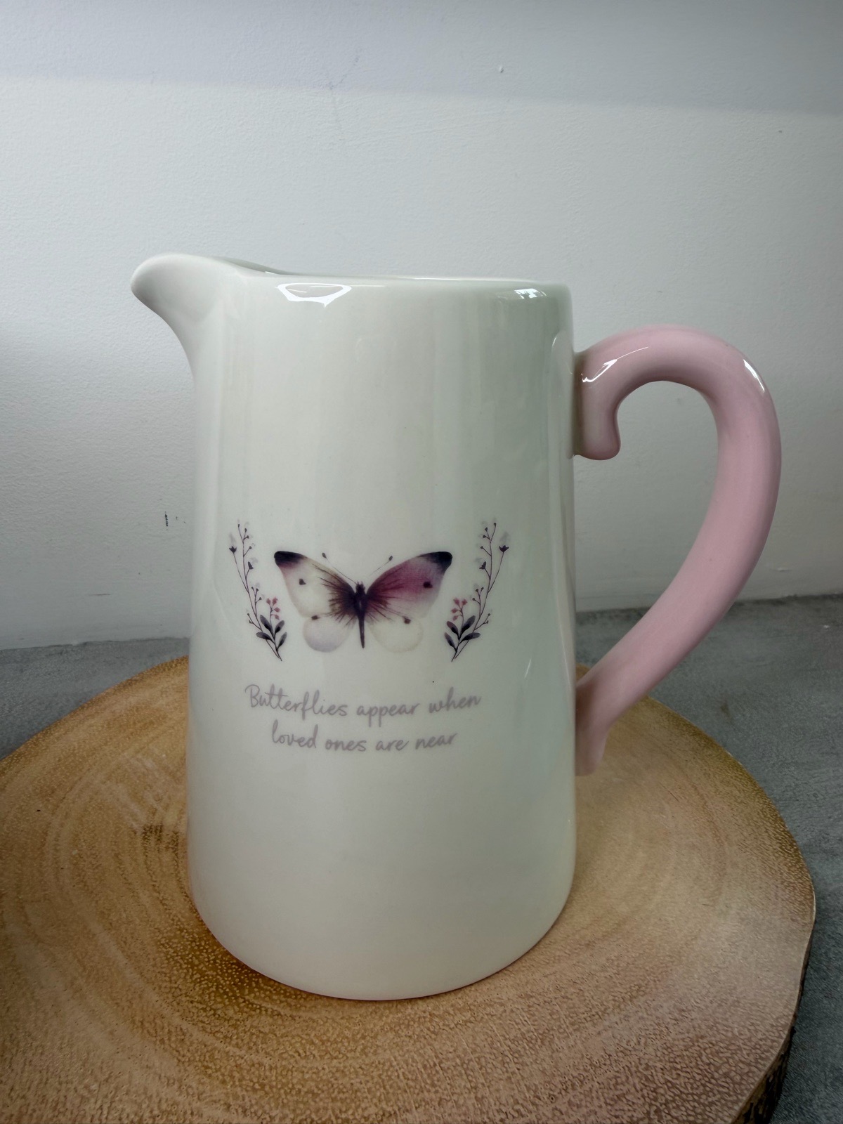 OFF WHITE BUTTERFLY PRINT CERAMIC FLOWER JUG SENTIMENTAL MEMORIAL GIFT