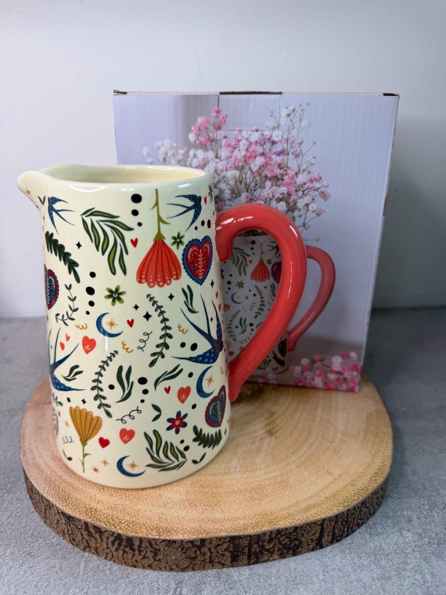 CREAM FOLK PRINT CERAMIC FLOWER JUG CHRISTMAS GIFT