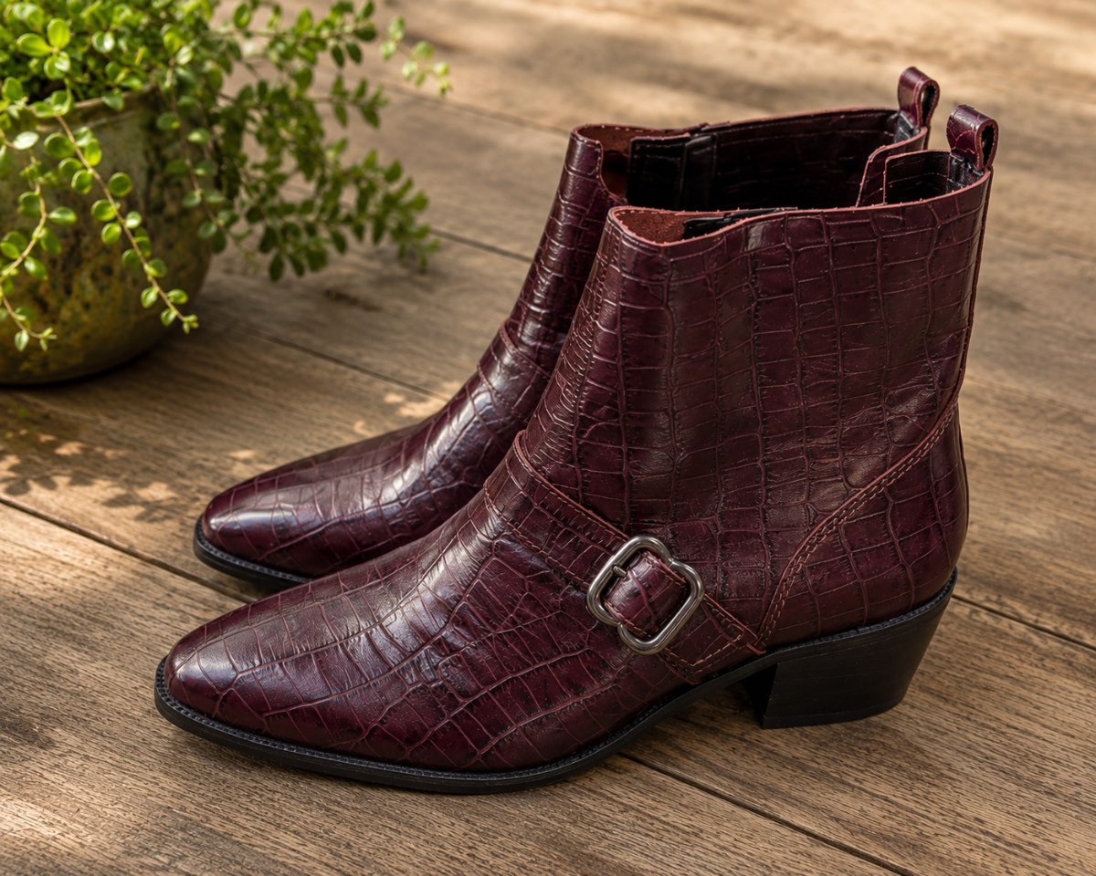 M&S Collection Burgundy Croc Effect Western Ankle Boots – UK 7.5