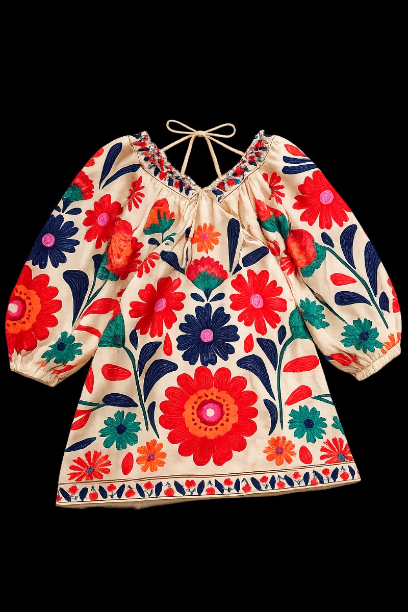 Boho Floral Embroidered Tunic Dress / Mini Dress – Beige – Balloon Sleeves