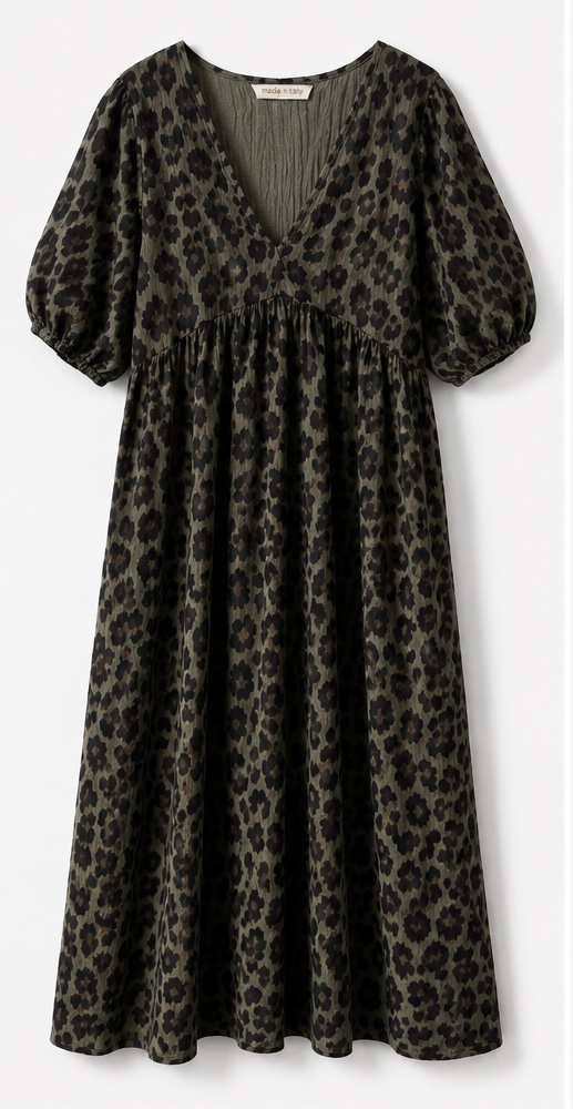 Made in Italy Khaki Leopard Print Balloon Sleeve Midi Dress – Boho Floaty Animal Print – One Size -