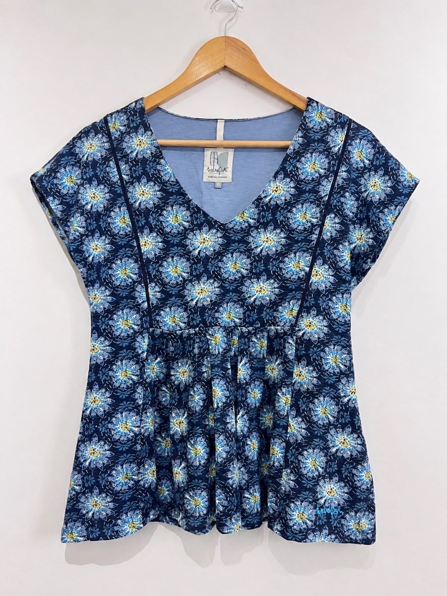 Weird Fish Women's Floral Peplum Top UK 14 Navy Blue 100% Cotton V Neck Casual