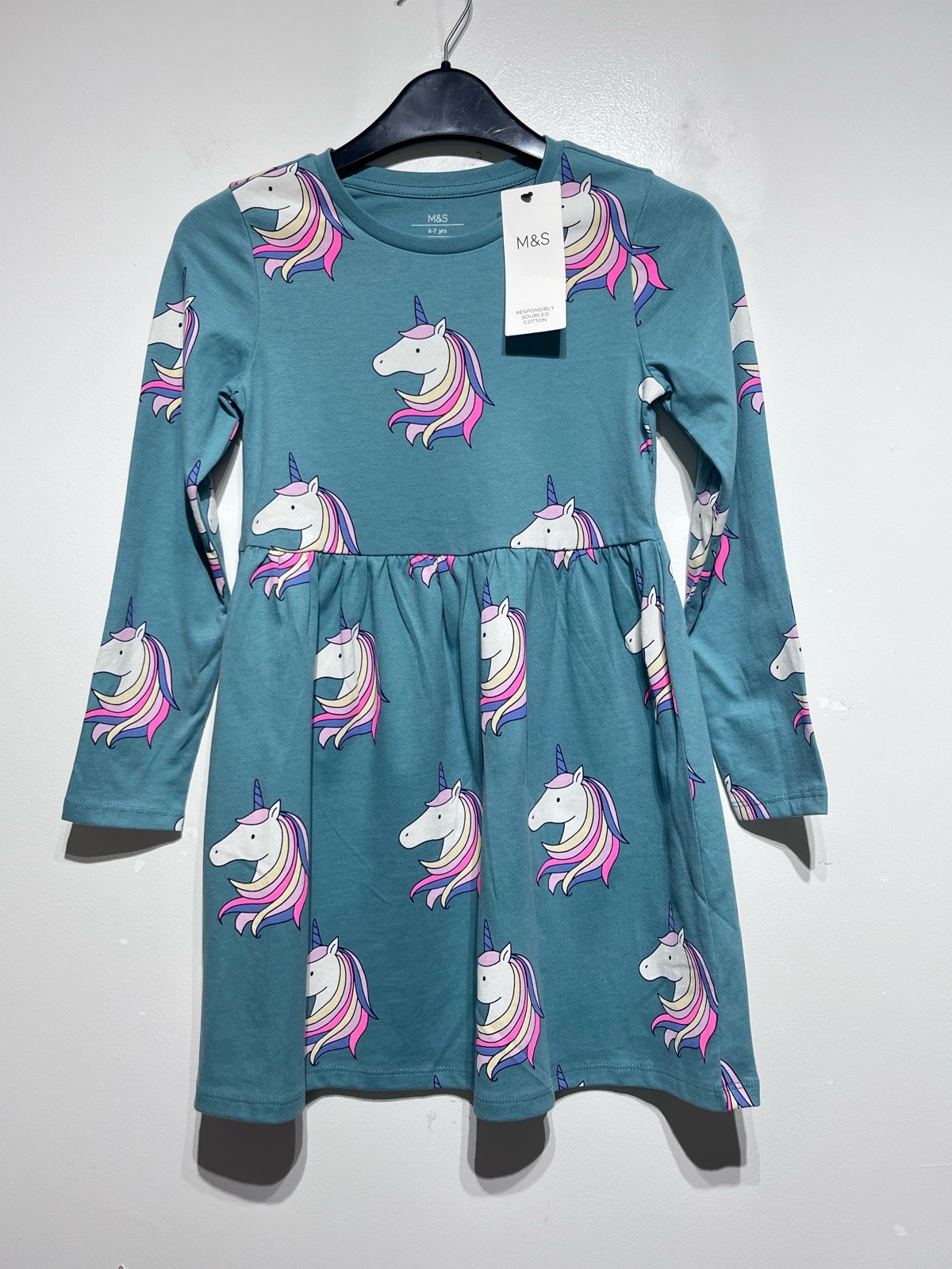 M&S Girls Unicorn Dress Age 6-7 Teal Cotton Long Sleeve Skater NWT Autumn
