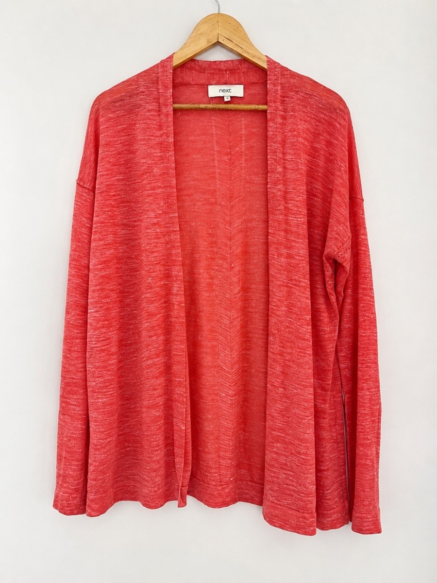 Next Linen Blend Cardigan UK 10 Coral Red Open Front Lightweight Long Sleeve