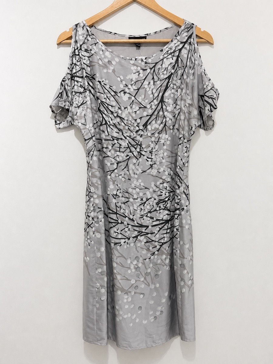 Warehouse Dress UK 10 Grey Blossom Print Cold Shoulder Belted Occasion Summer Party Wedding NWT