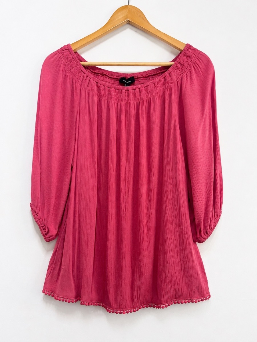 New Look Pink Bardot Blouse UK 12 Boho Puff Sleeve Summer Top BNWT