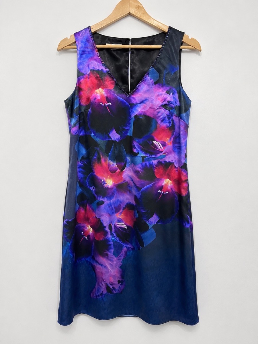 Monsoon Dress UK 12 Blue Purple Floral Beaded Shift Party Wedding Guest summer