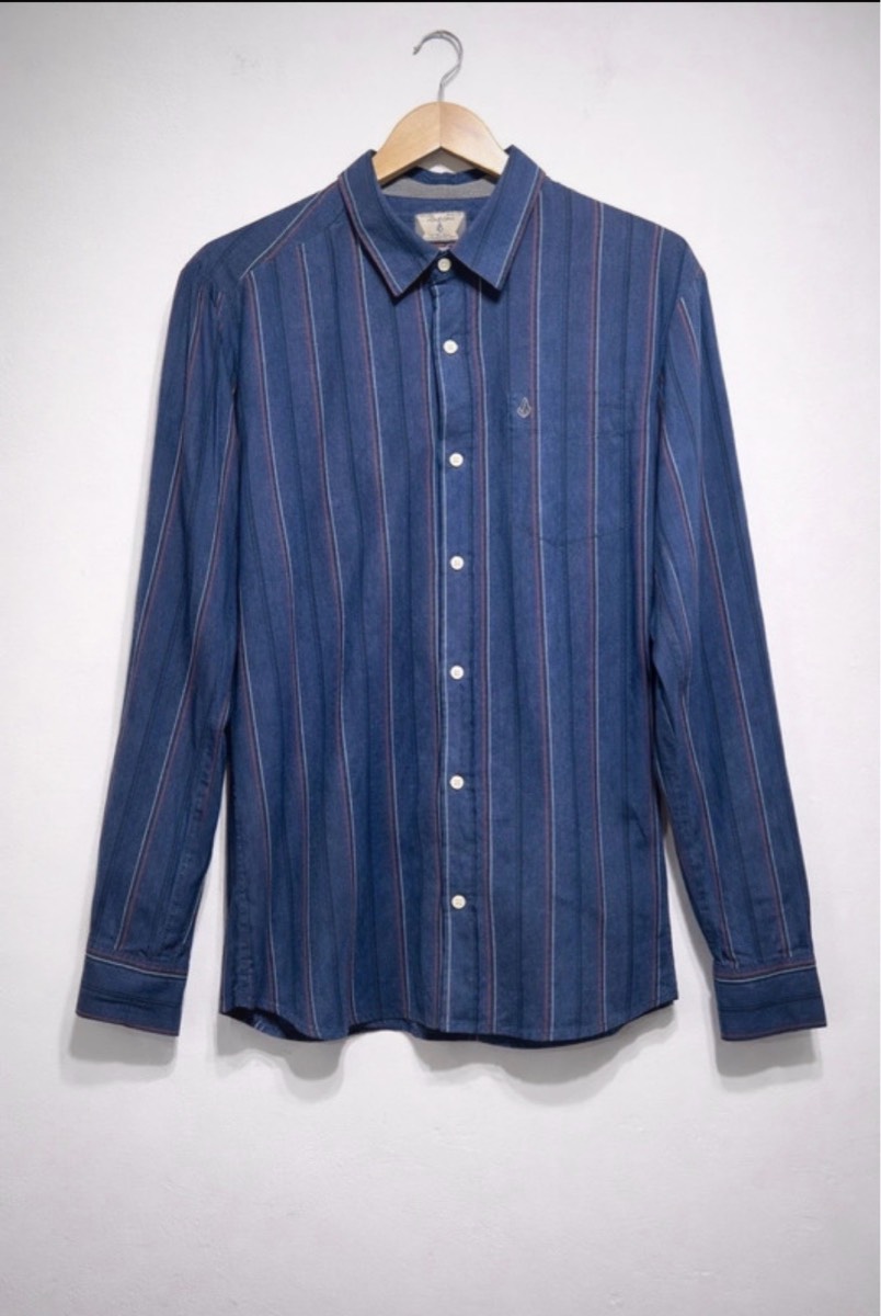 Volcom Men’s Shirt Large Blue Striped Long Sleeve Button Up Skate Surf Casual