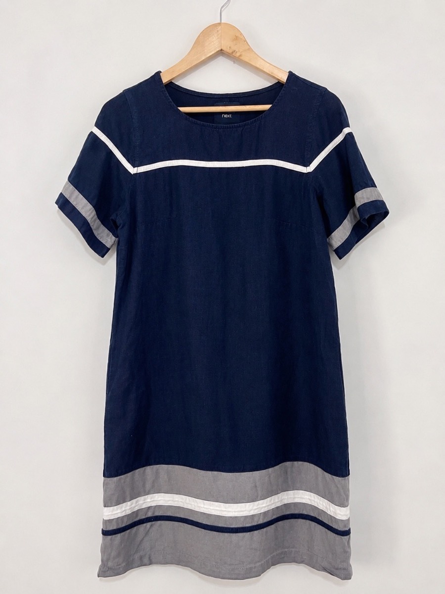 Next Dress UK 10 Navy Linen Blend Stripe Pockets Short Sleeve Summer