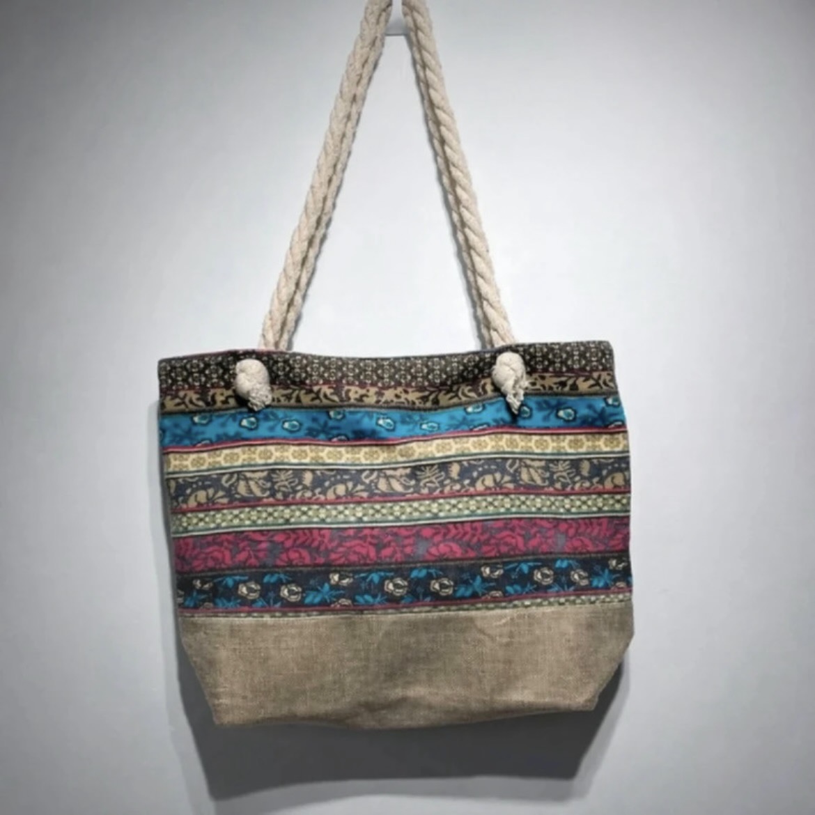 Woven Beach Bag Womens Multicolour Tote Shopper Rope Handle Holiday Travel