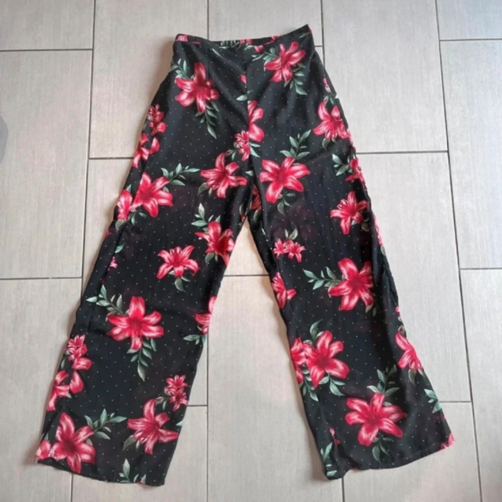 Guess Women's Palazzo Trousers UK 8 Black Floral Wide Leg Boho Festival