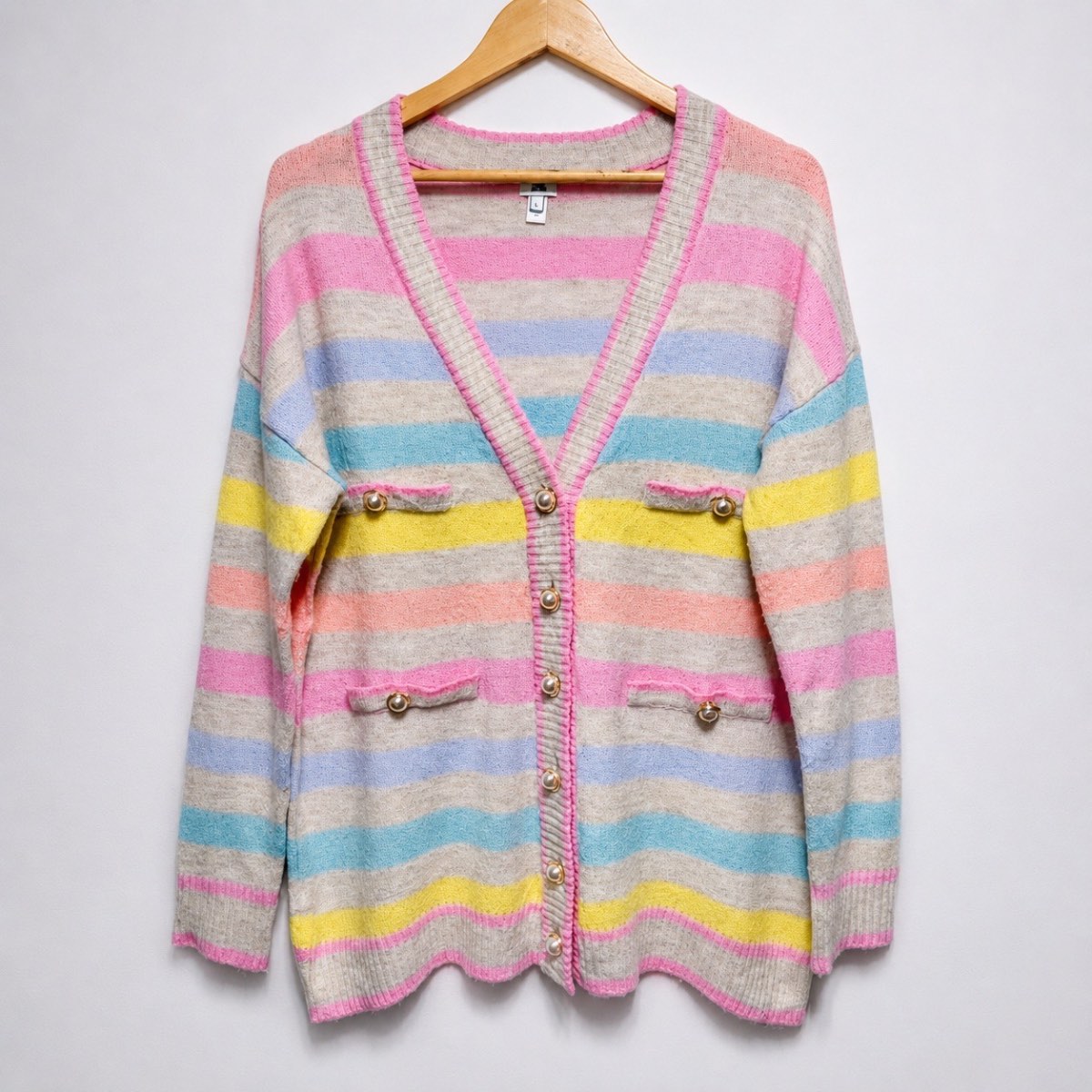 River Island Cardigan Women’s Small Pastel Stripe Button Front Pearl Detail Knit UK 8 10
