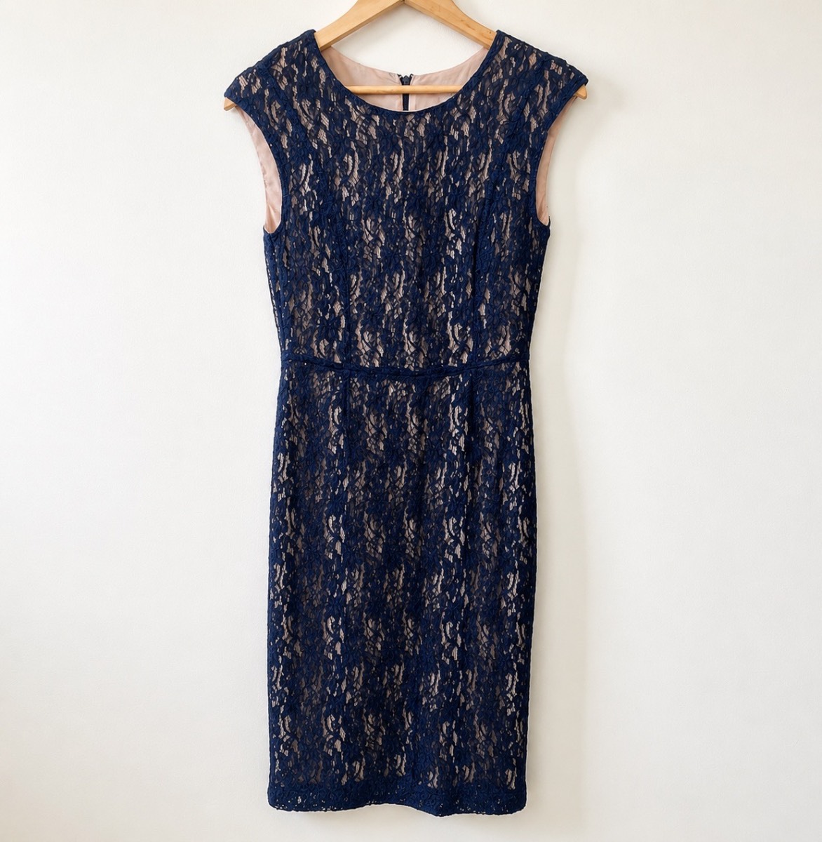 French Connection Navy Lace Midi Dress UK 10 Wedding Guest Cocktail Pencil