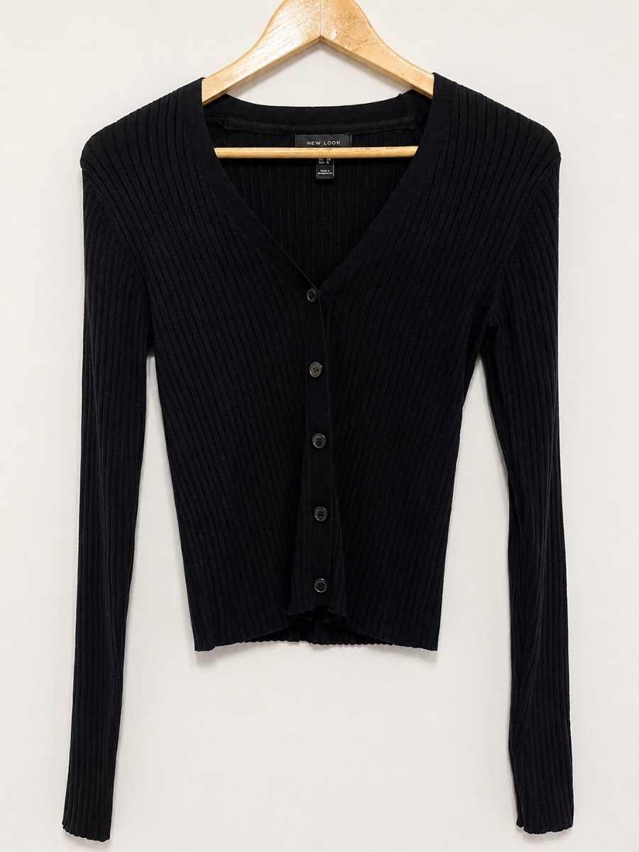New Look Cardigan UK 8 Black Ribbed V Neck Button Front Cropped Workwear