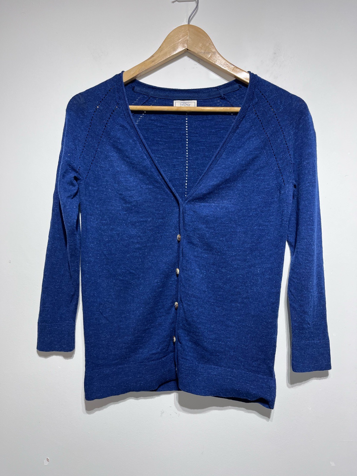 Fat Face Cardigan UK 8 Blue Cotton Knit V Neck 3/4 Sleeve Lightweight