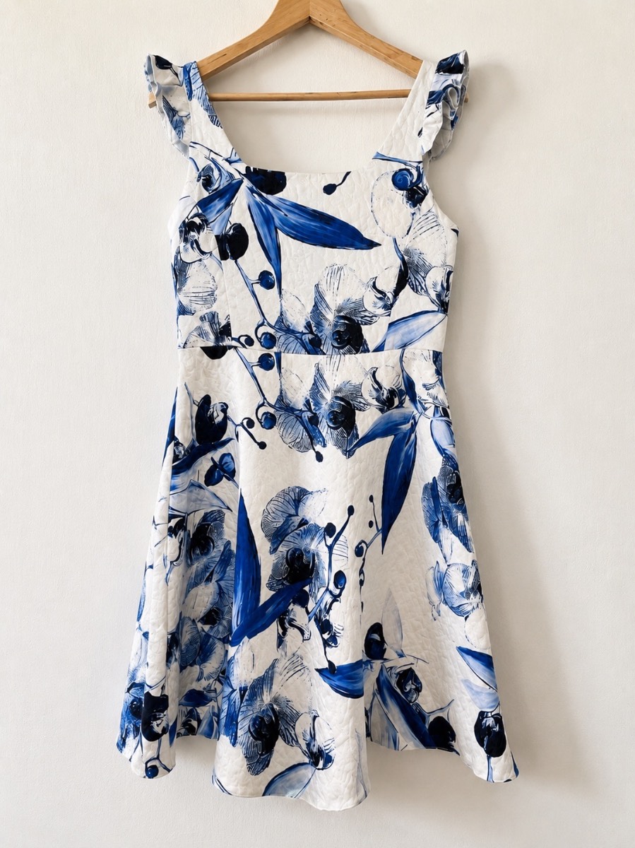 Arggido Floral Dress EU 40 UK 12 Blue White Wedding Guest Occasion Party Summer