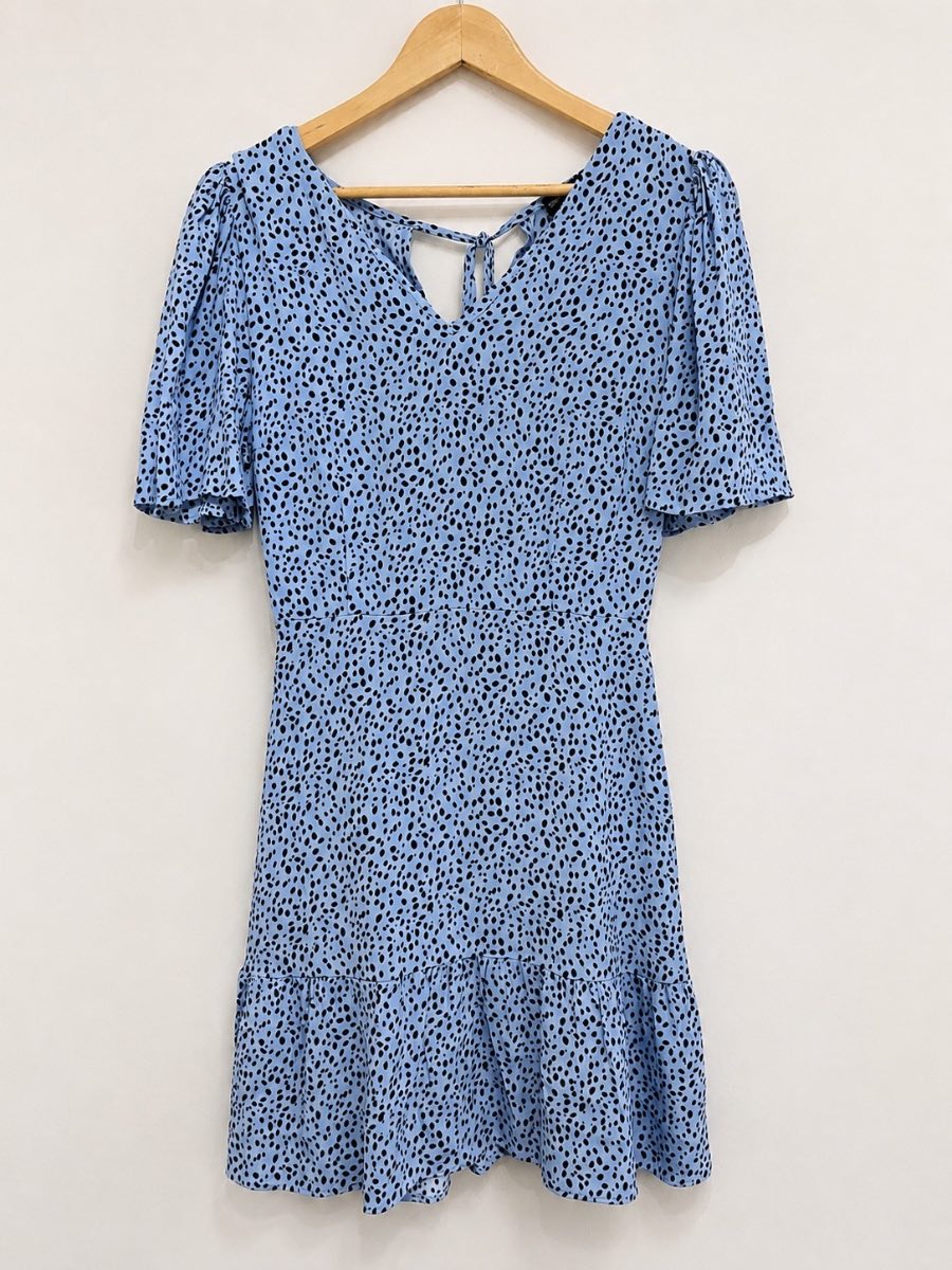 F&F Dress UK 10 Blue Black Spot Print Puff Sleeve Tiered Summer holiday