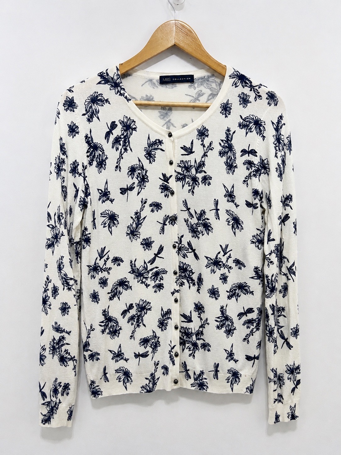 M&S Cardigan UK 14 Cream Navy Floral Viscose Fine Knit Summer Autumn
