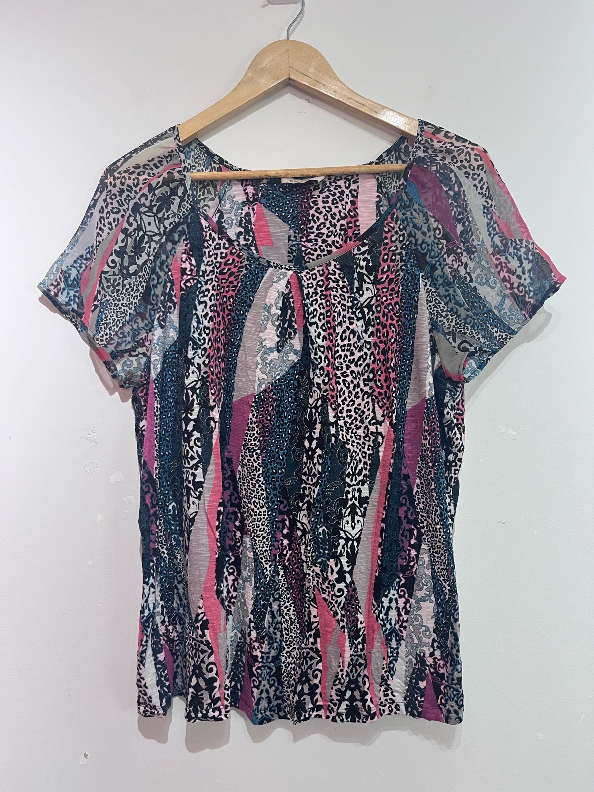 Per Una M&S Top UK 14 Animal Leopard Print Pink Teal Sheer Sleeve Blouse