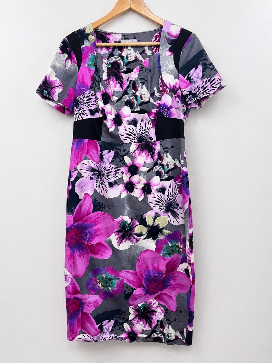 M&S Per Una Dress Women’s UK 12 Grey Pink Floral Occasion Cotton Stretch