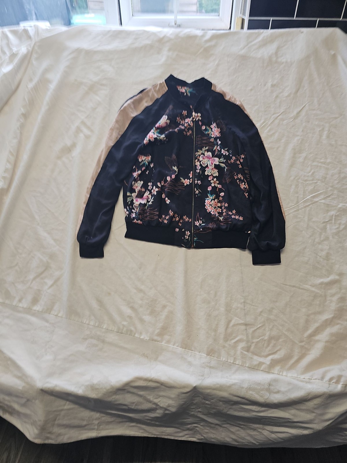 F&F Floral Embroidered Satin Bomber Jacket with Contrast Sleeves UK8 QQ1055