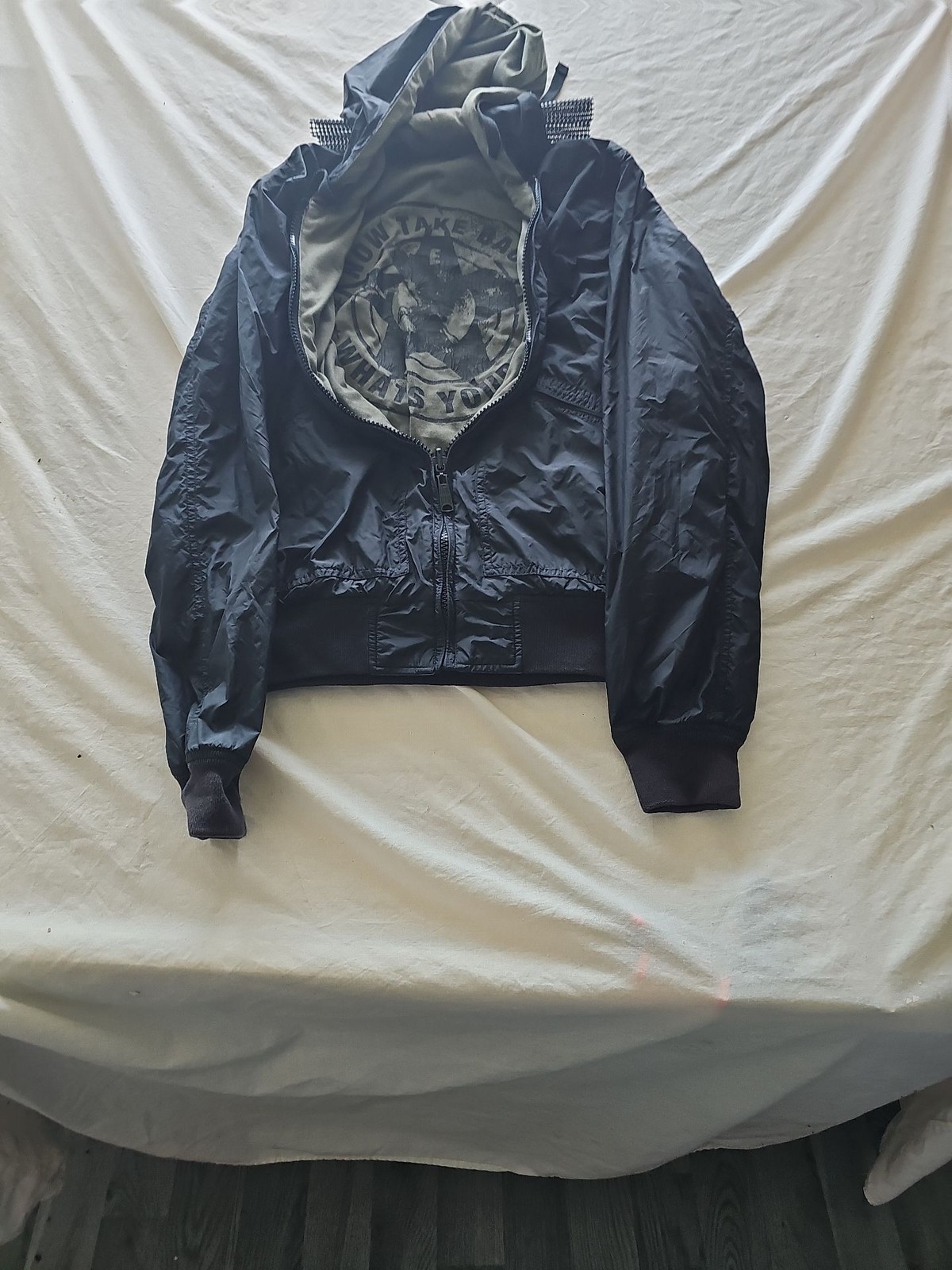 Black Hooded Bomber Jacket with Olive Graphic Lining 324