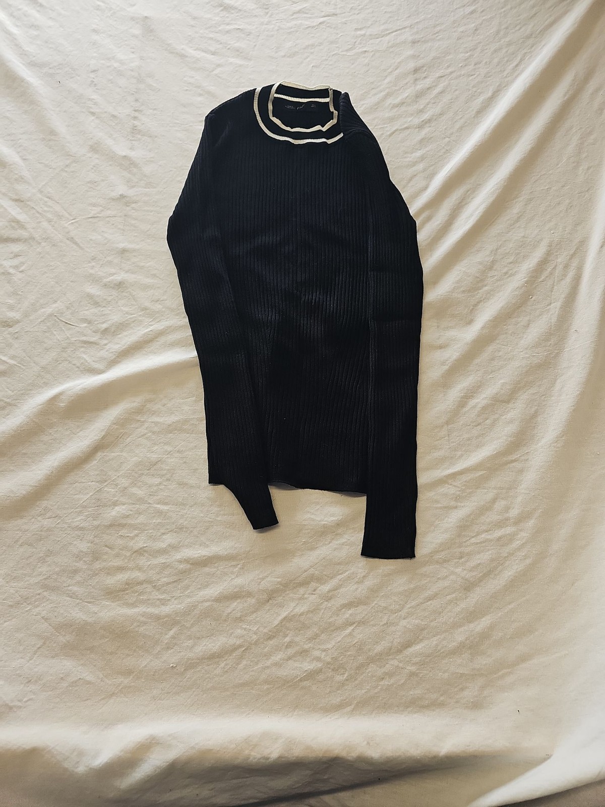 F&F Black Ribbed Knit Jumper with White Contrast Neckline UK 2 389