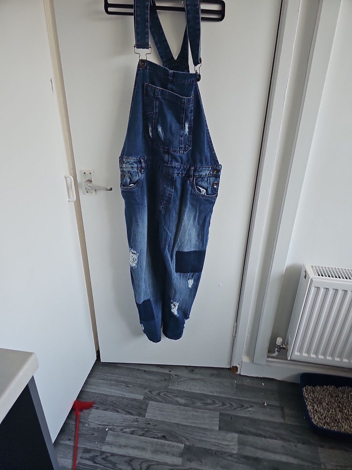 Baggy London Distressed Denim Overalls with Patch Detail size 32 267