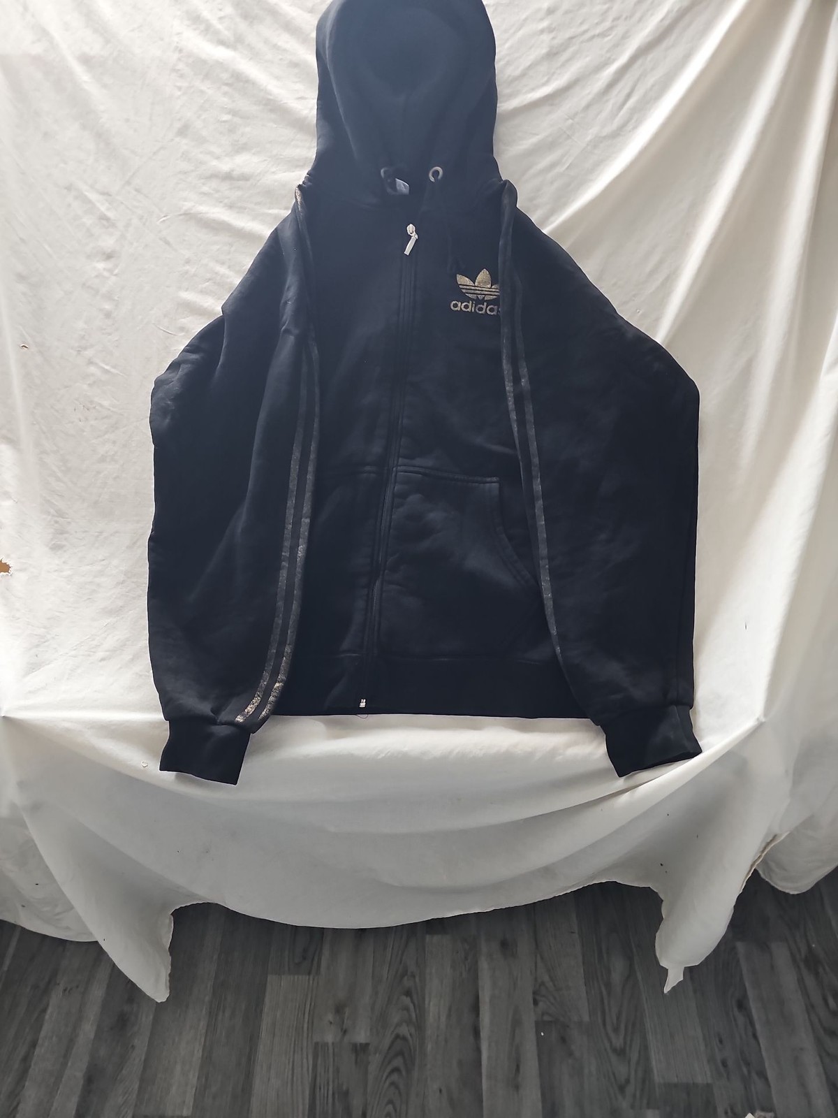 Vintage Adidas Originals Full-Zip Hoodie Black Gold Trefoil XXL 249