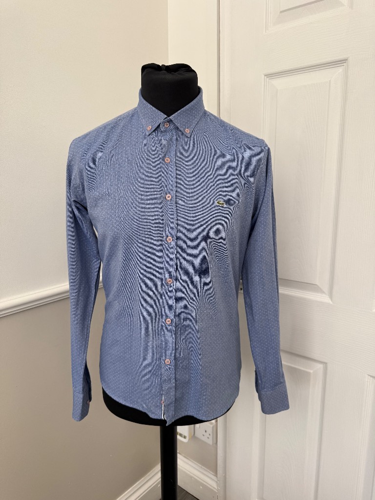 Lacoste Men’s Slim Fit Blue Dobby Print Button-Down Shirt Size 43 / XL Long Sleeve