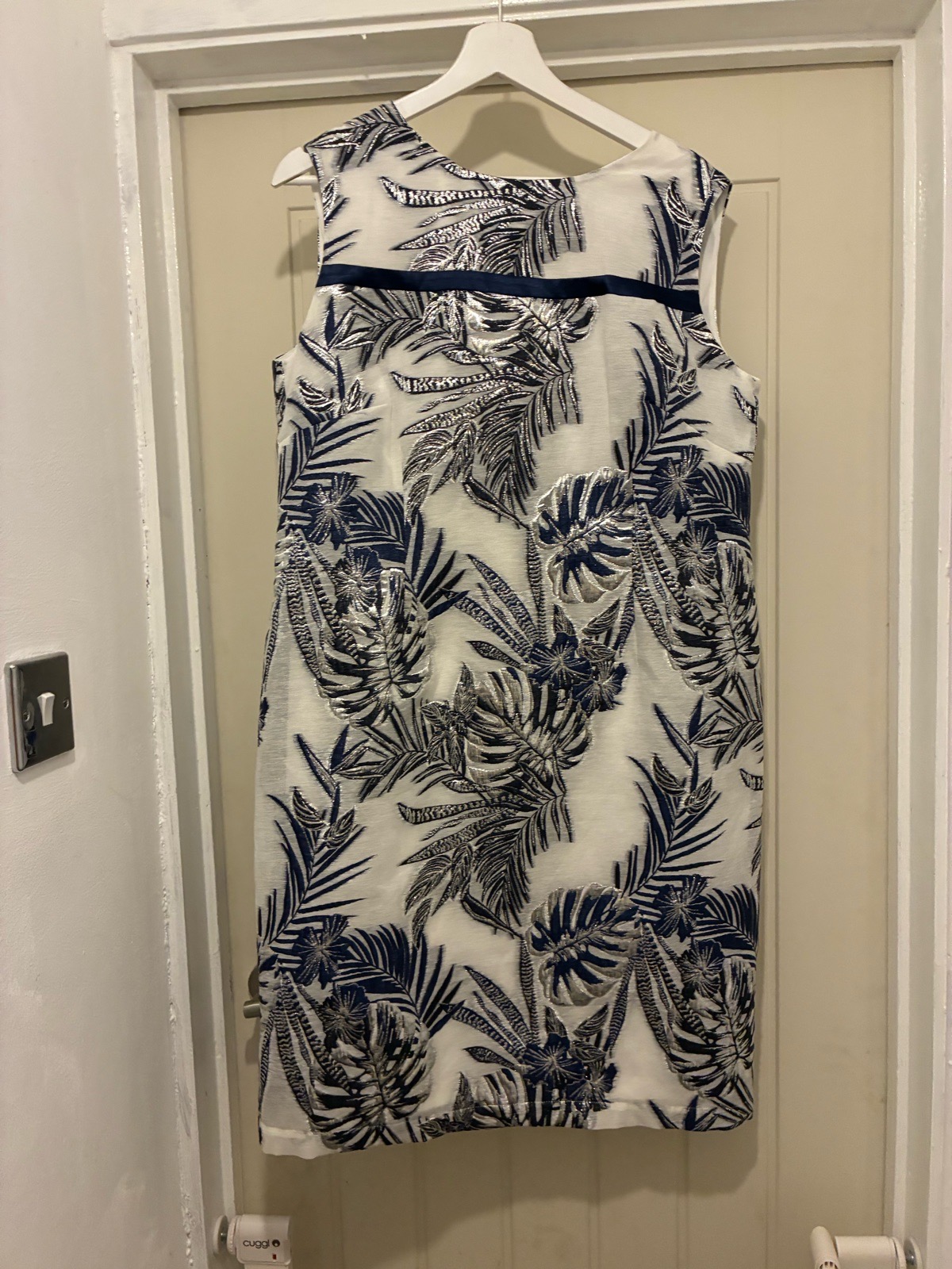 Ladies kaleidoscope sliver and navy dress with matching Borelo