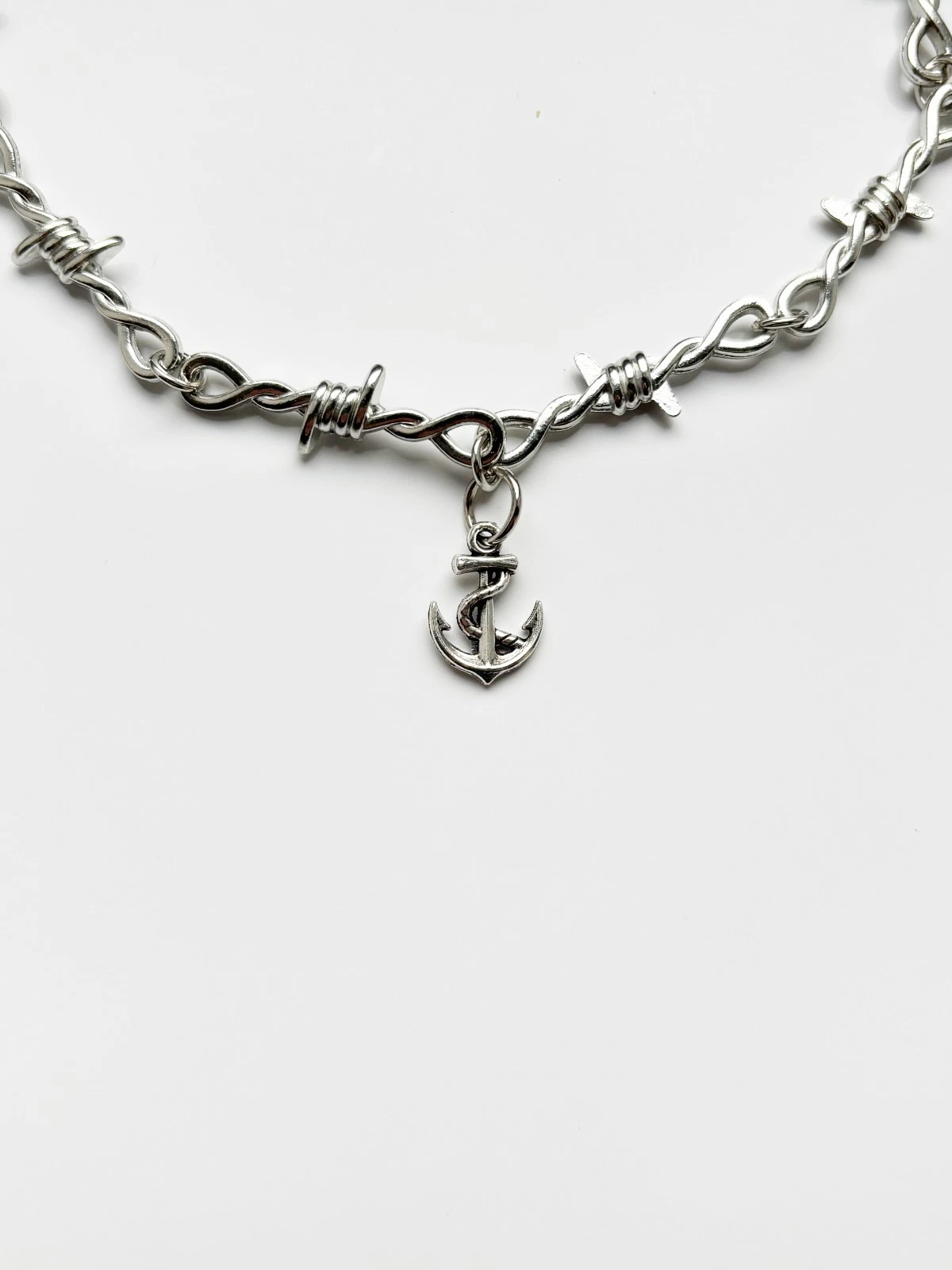 Barbed Wire Anchor Necklace | Sea Waves Naval Nautical